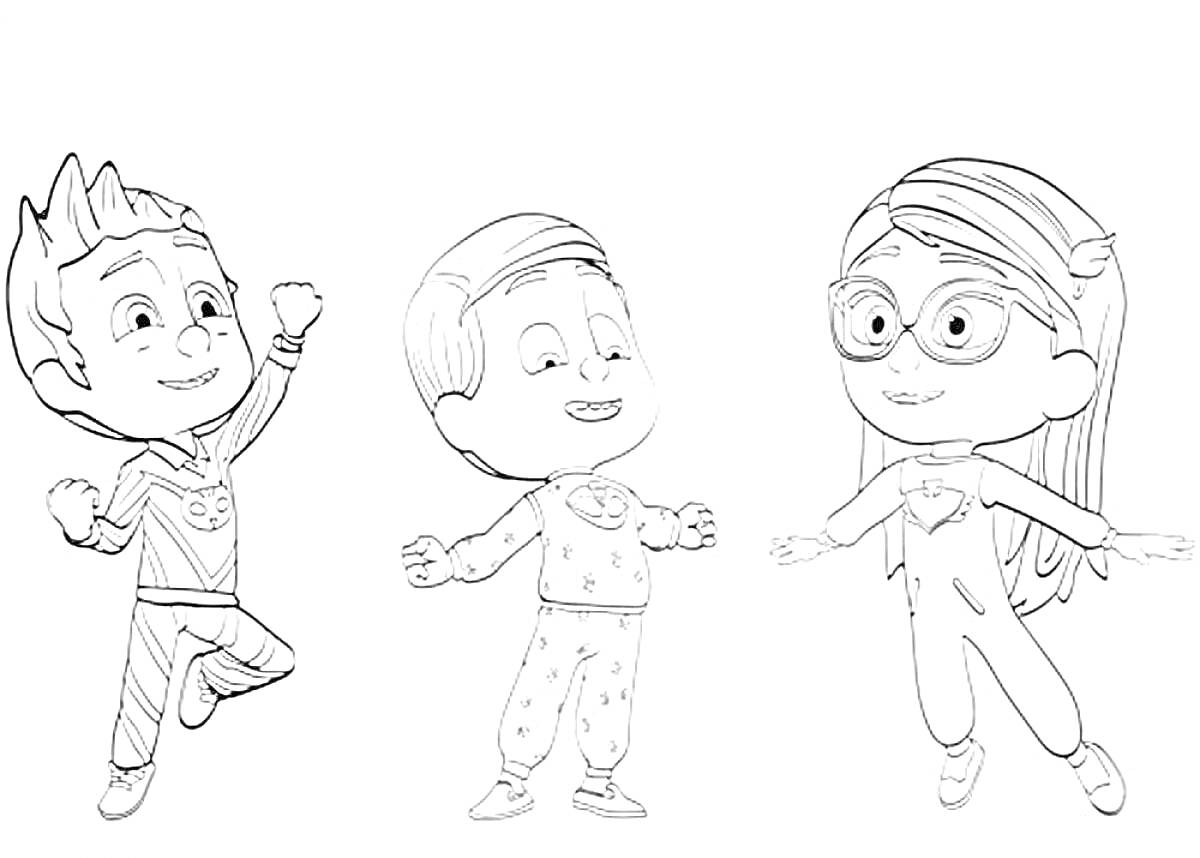 Раскраска Трое героев в масках: мальчик с прической-зигзагом в костюме с полосами, мальчик в пижаме с совами, девочка в костюме с очками и маской, с распущенными волосами