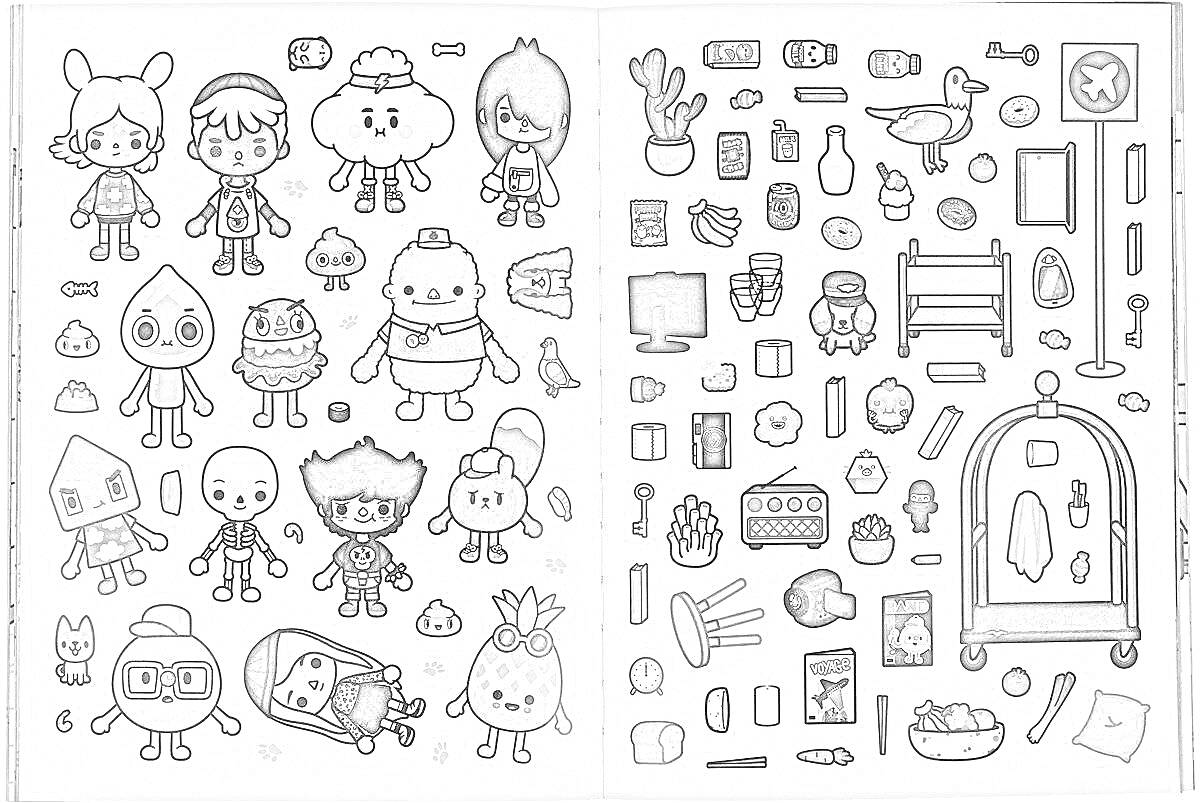 Раскраска Раскраска с персонажами и предметами из игры Toca Boka