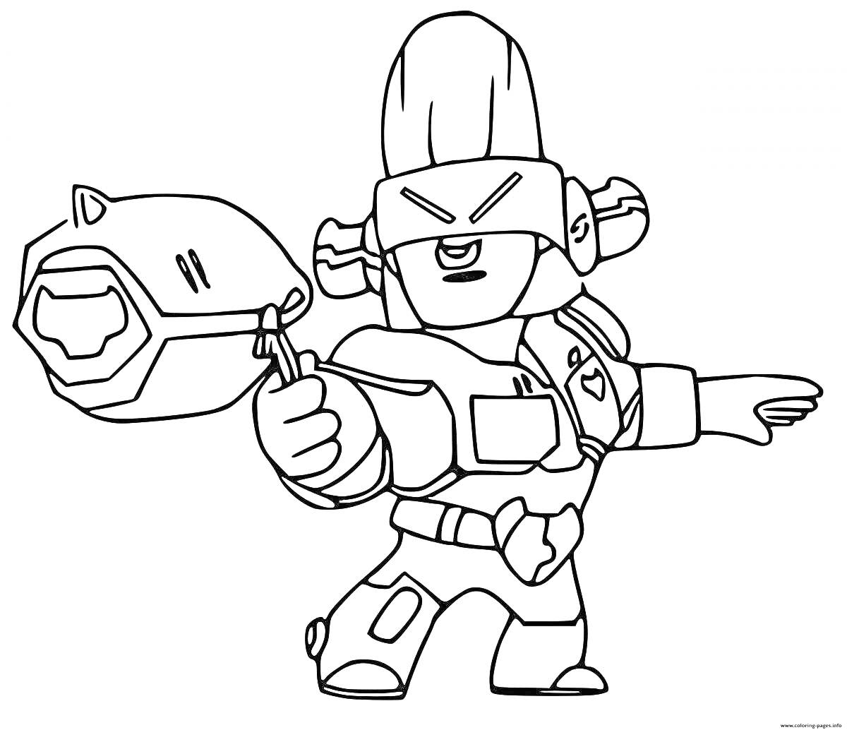 Раскраска Персонаж игры Brawl Stars в шлеме с оружием в виде космического пистолета