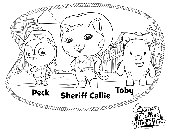 Раскраска Шериф Келли с друзьями в городе (Пек, Шериф Келли, Тоби)
