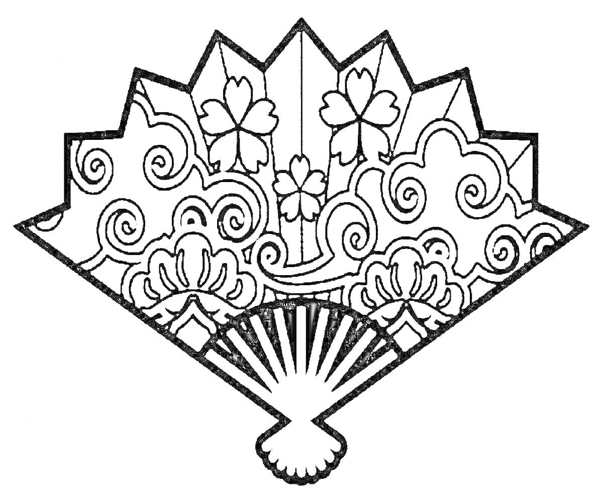 Раскраска Веер с цветами, облаками и узорами