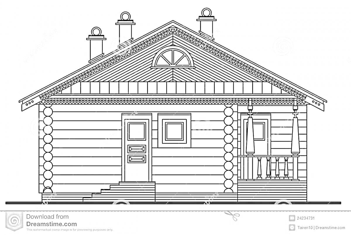 Раскраска Деревянная избушка с крыльцом, окном и трубами