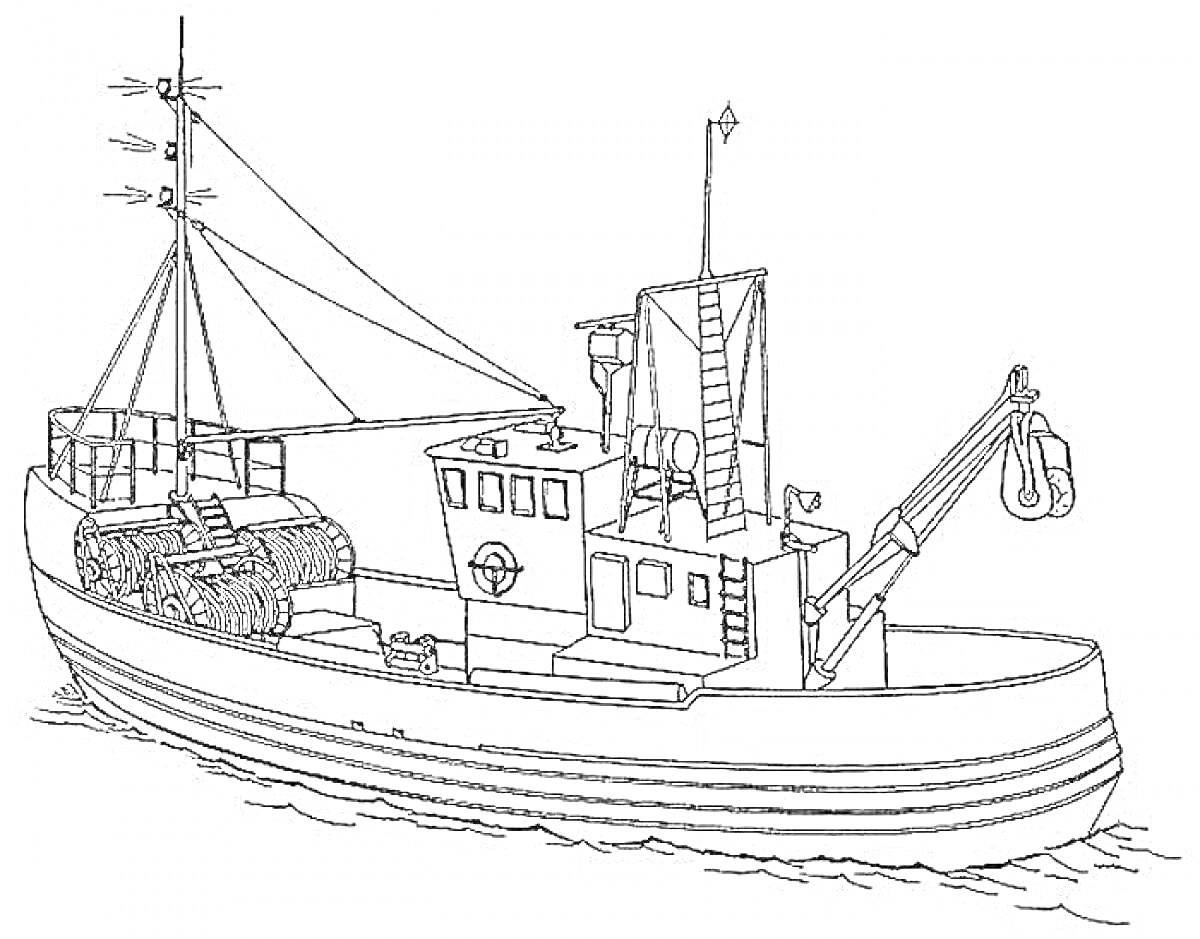 Раскраска Рыболовецкое судно с сетями и рыболовной установкой в море