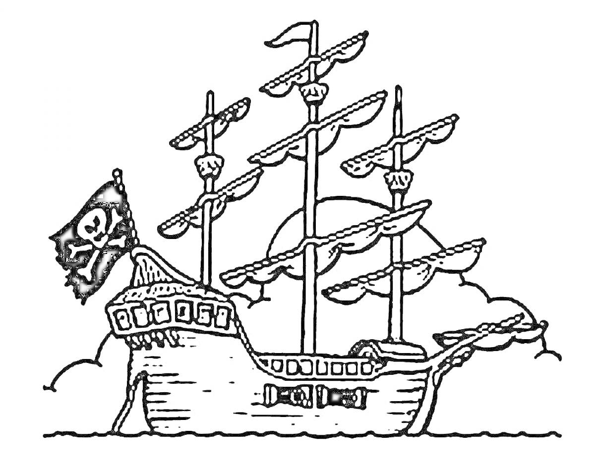 Раскраска Пиратский корабль со знаменем в облаках и на воде