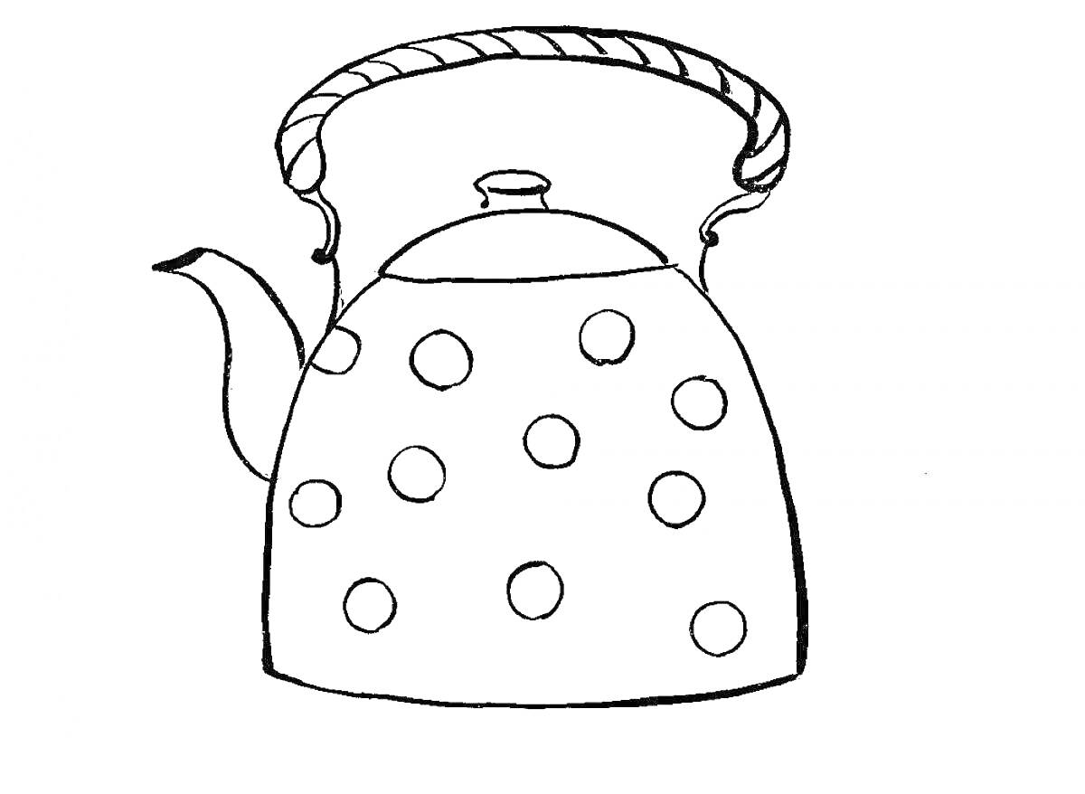 Раскраска Чайник с крышкой, носиком и ручкой в горошек