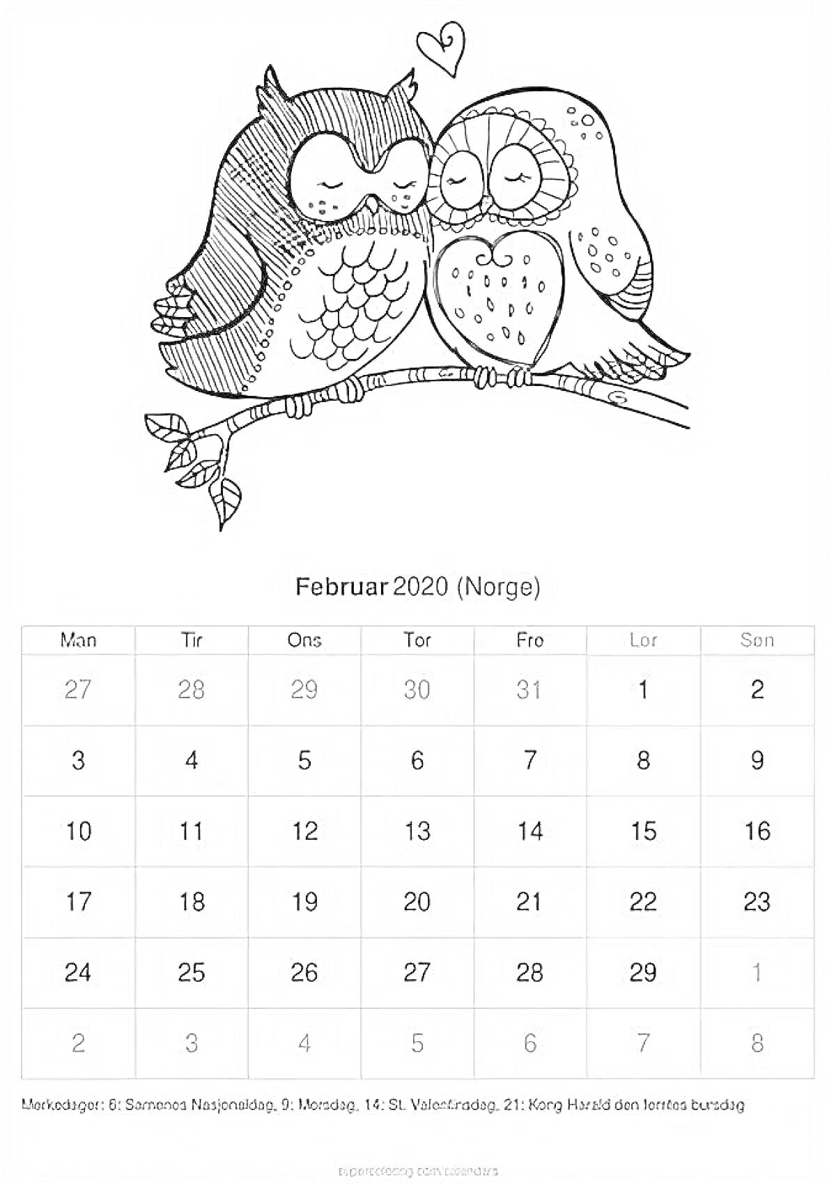 На раскраске изображено: Ветка, Февраль, Календарь, 2020