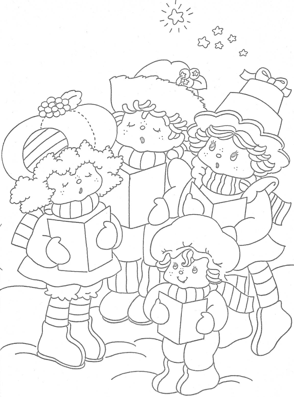 На раскраске изображено: Рождество, Колядки, Зима, Снег, Перчатки, Сапоги, Звезды, Пение