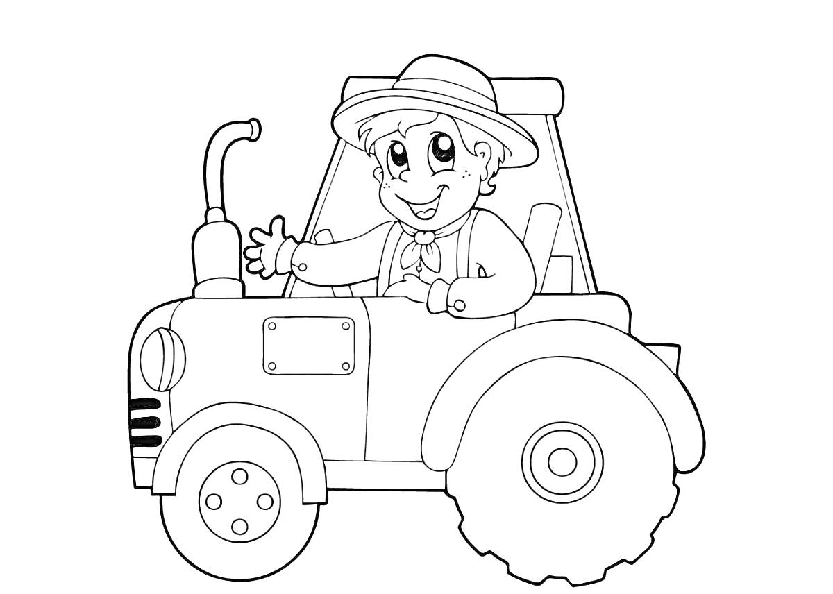 Раскраска Фермер на тракторе (мужчина в шляпе и комбинезоне сидит за рулем трактора, улыбается и машет рукой)