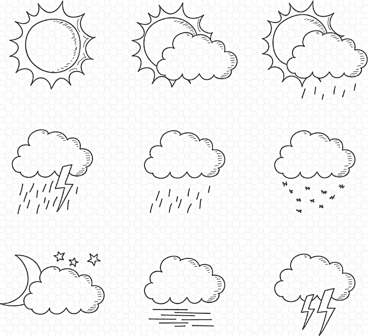 Раскраска Погода с девятью элементами: солнце с облаком, солнце с облаком и дождем, облако с молнией, облако с дождем, облако со снегом, луна с облаком и звездами, облако с туманом, облако, облако с молнией и дождем