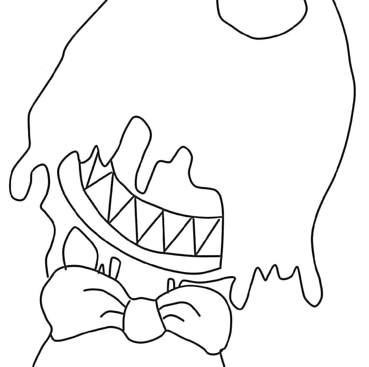Раскраска Рисунок персонажа с вытянутым туловищем, улыбкой с острыми зубами, стеканием чернил и бантом на шее