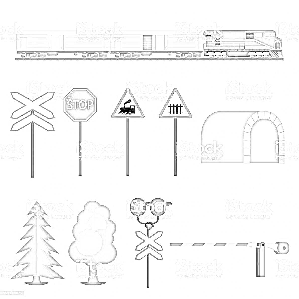 На раскраске изображено: Поезд, Железнодорожный переезд, Светофор, Тоннель, Деревья, Шлагбаум