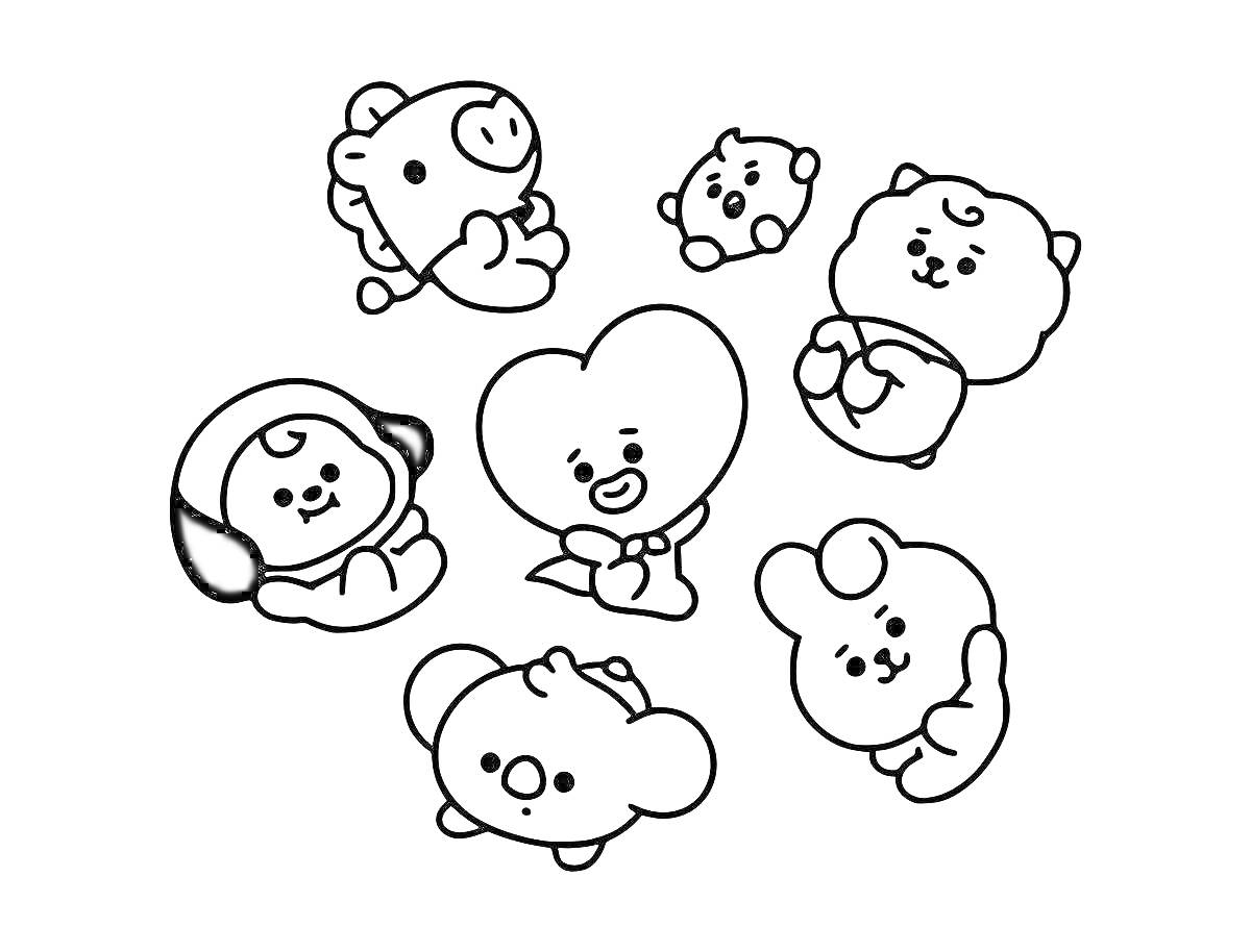 Раскраска Семь милых маленьких персонажей: медвежонок, сердечко, щенок, бегемотик, зайчик, мышонок и милый кругленький зверек