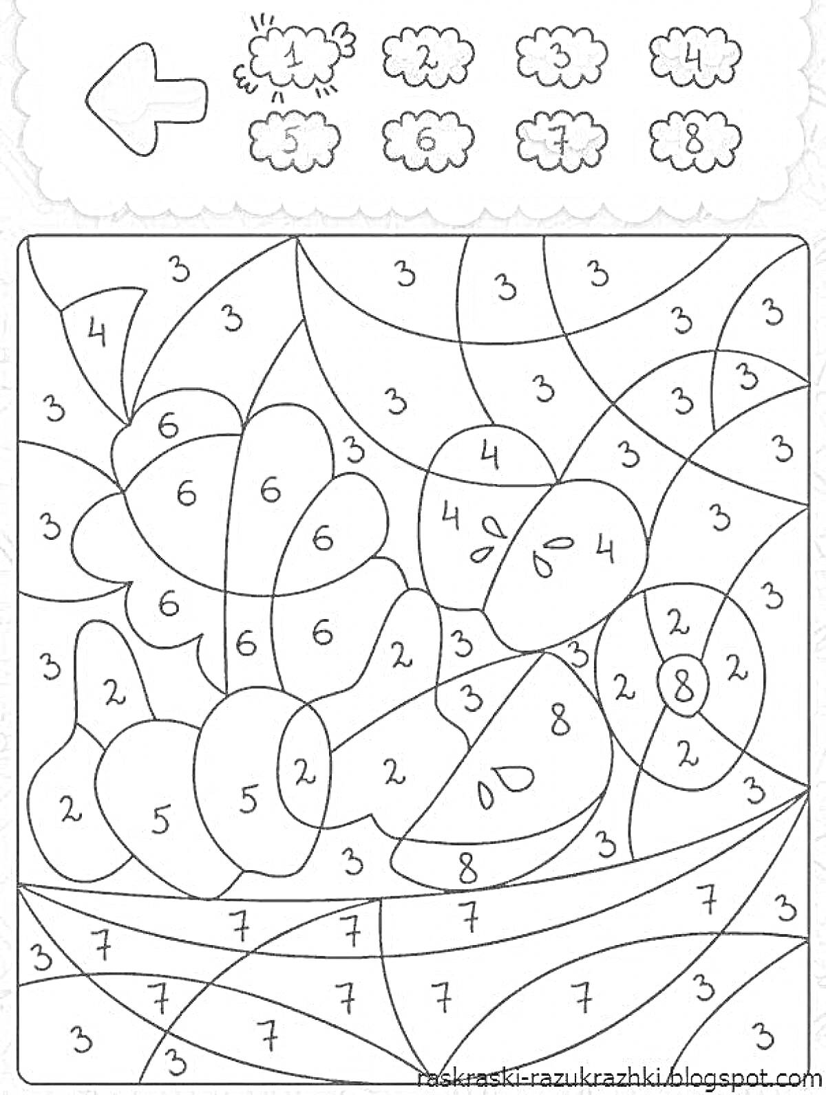 На раскраске изображено: По номерам, Цветы, Листья, 5-6 лет