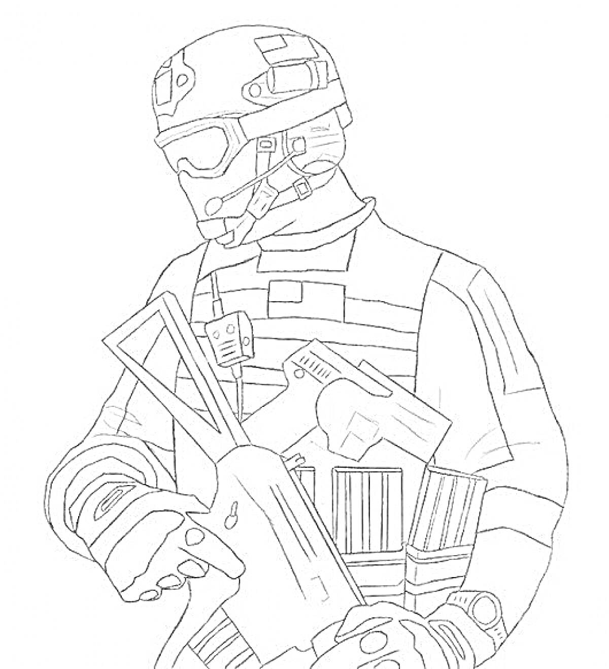 Раскраска Солдат в шлеме с винтовкой и снаряжением