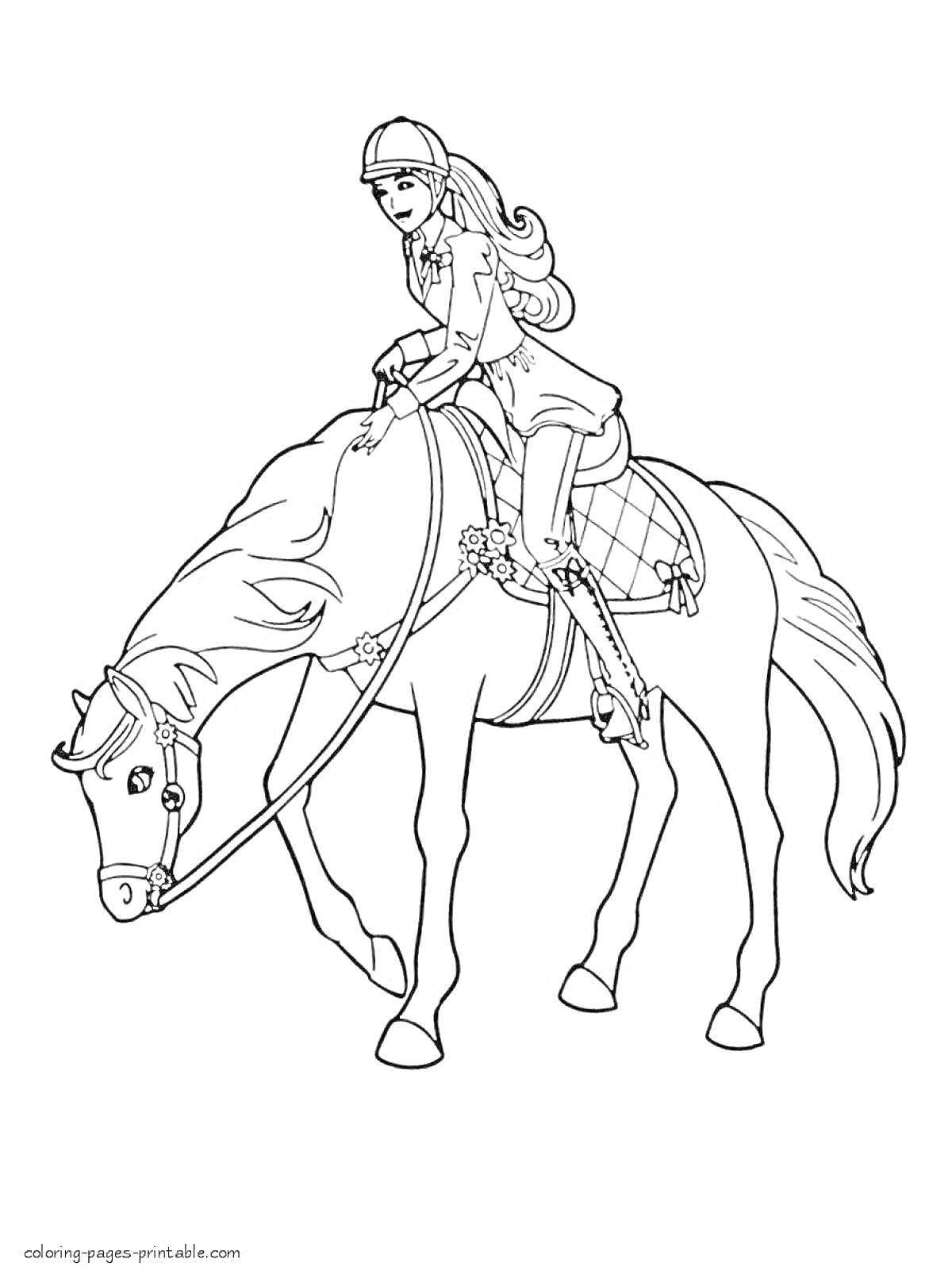 На раскраске изображено: Принцесса, Лошадь, Верховая езда, Шляпа, Длинные волосы, Платье, Скачки