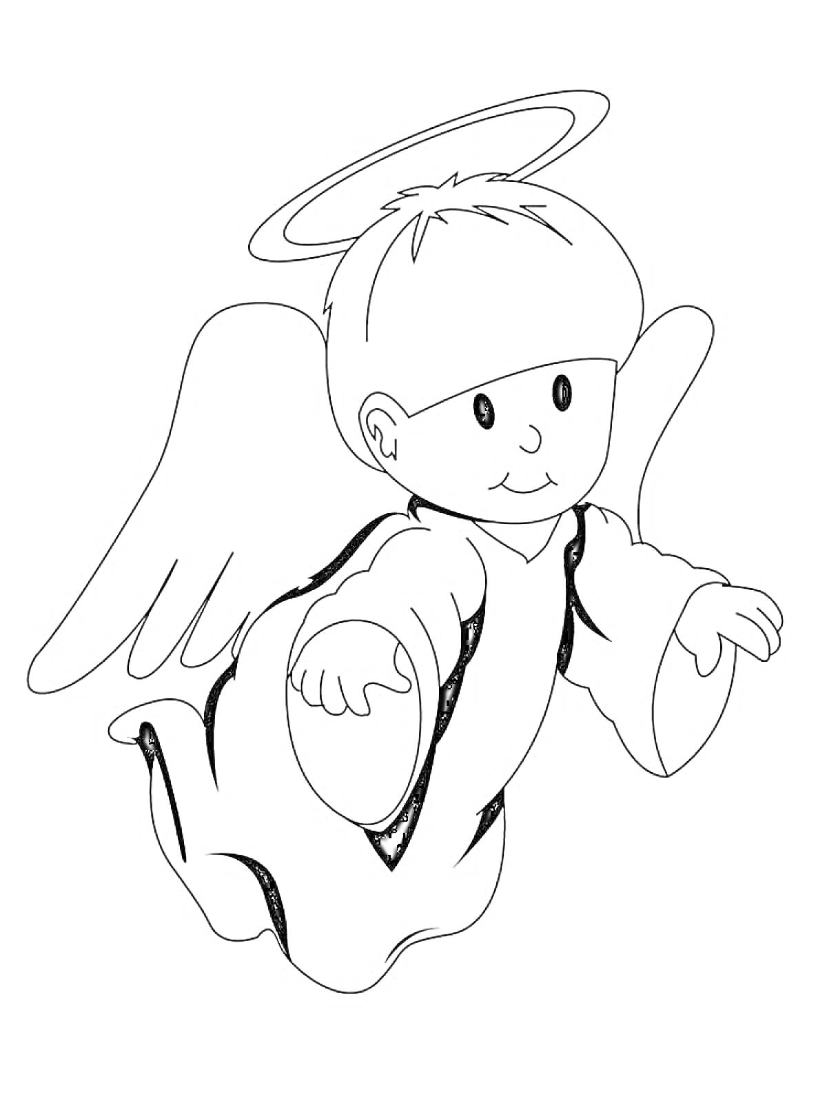Раскраска Ангел с нимбом, крыльями и расправленными руками