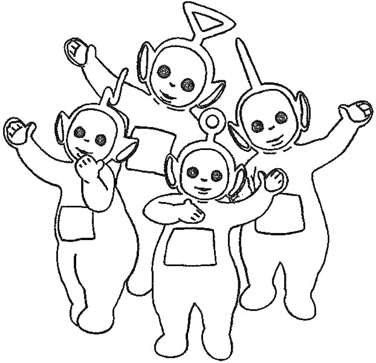 Раскраска Телепузики: четыре персонажа в полный рост с антеннами на головах
