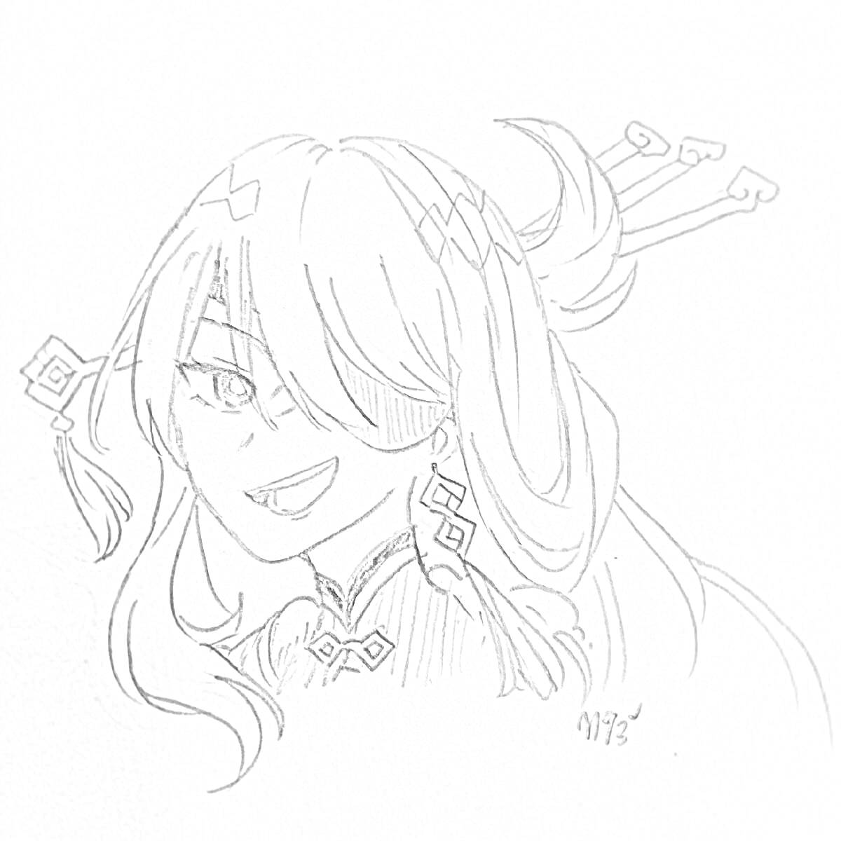 Раскраска Персонаж игры Genshin Impact с длинными волосами, украшенными лентами и заколками, с согнутой челкой и улыбающимся лицом.
