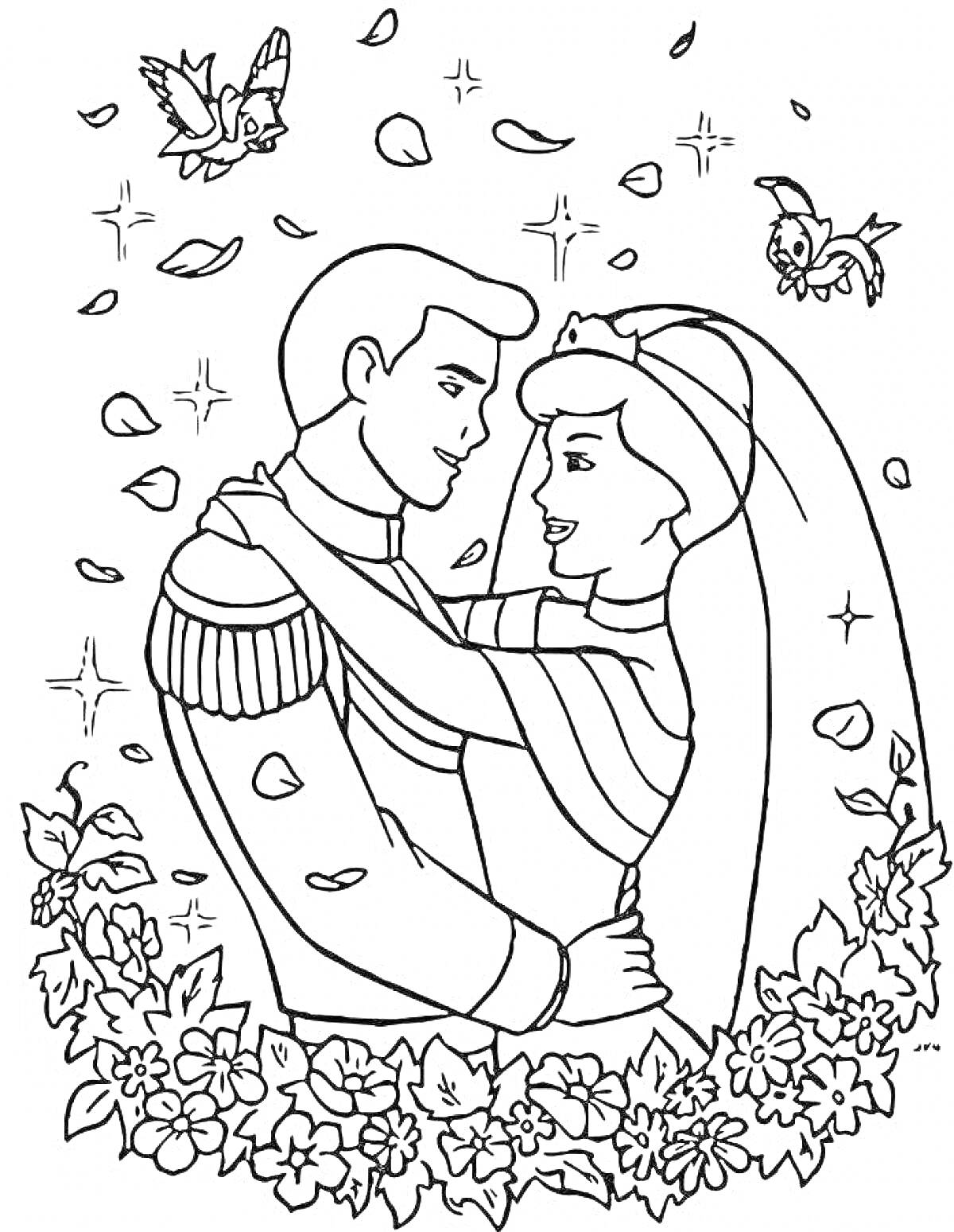 На раскраске изображено: Любовь, Пара, Объятия, Цветы, Лепестки, Романтика, Свадьба, Невеста, Жених