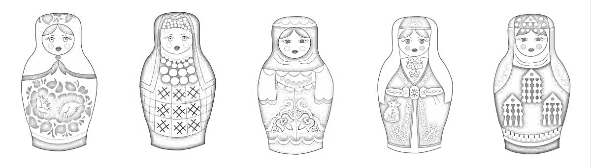 Раскраска Чувашская матрешка с традиционными узорами и головными уборами в пяти разных стилях