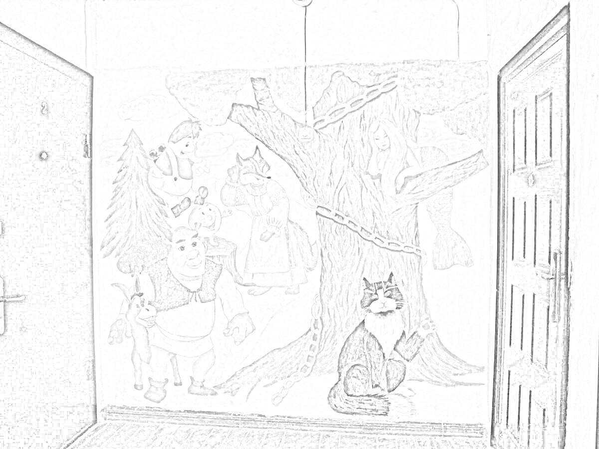 На раскраске изображено: Подъезд, Стена, Цепь, Животные, Кот