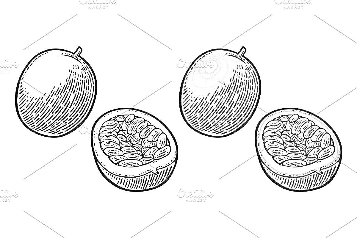 На раскраске изображено: Маракуйя, Целый фрукт, Разрезанный фрукт, Иллюстрация, Еда, Штриховка