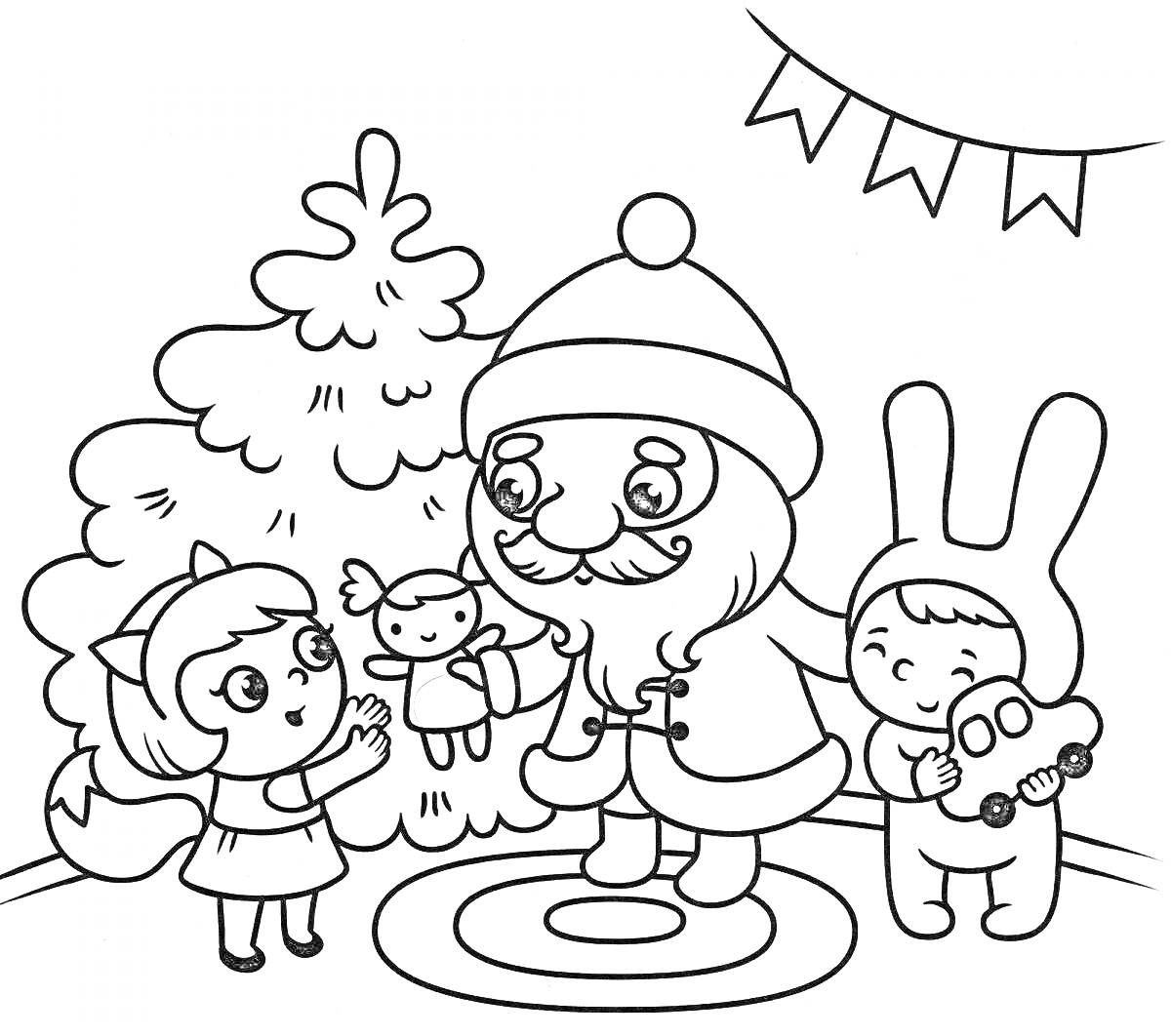 Раскраска Дети получают подарки от Деда Мороза возле елки