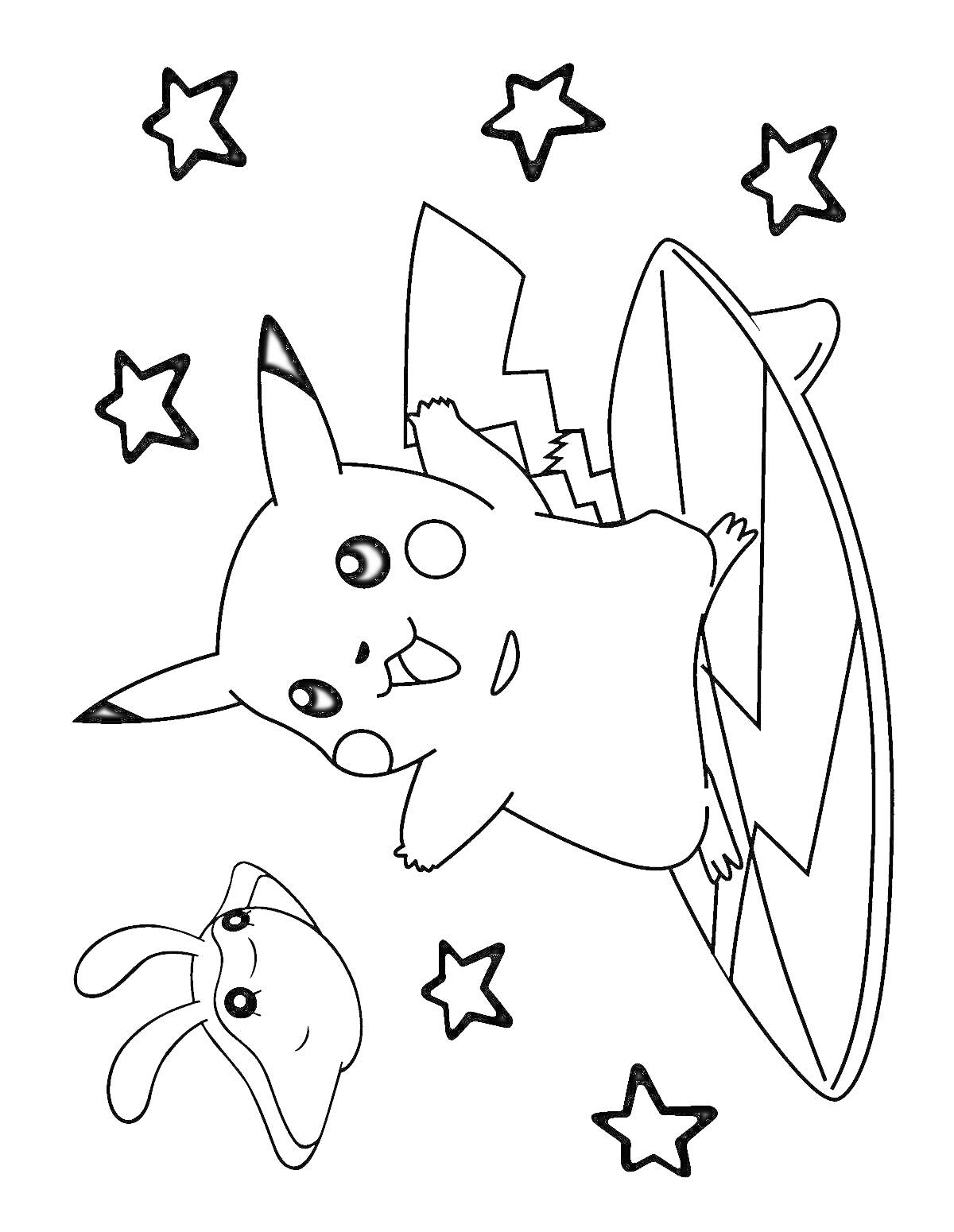 Раскраска Пикачу на серфе с Морским Зайцем среди звезд