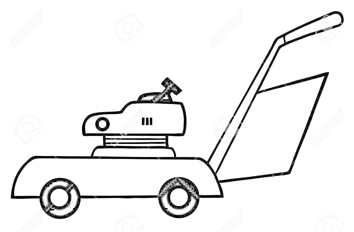 На раскраске изображено: Косилка, Садовая техника, Газонокосилка, Колёса, Ручка, Сад