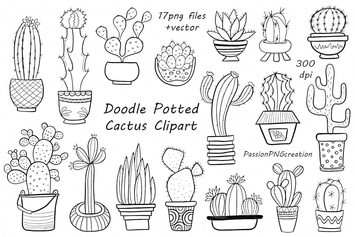 На раскраске изображено: Кактусы, Милые, Дудл, Растения, Горшки, Вектор, Клипарт