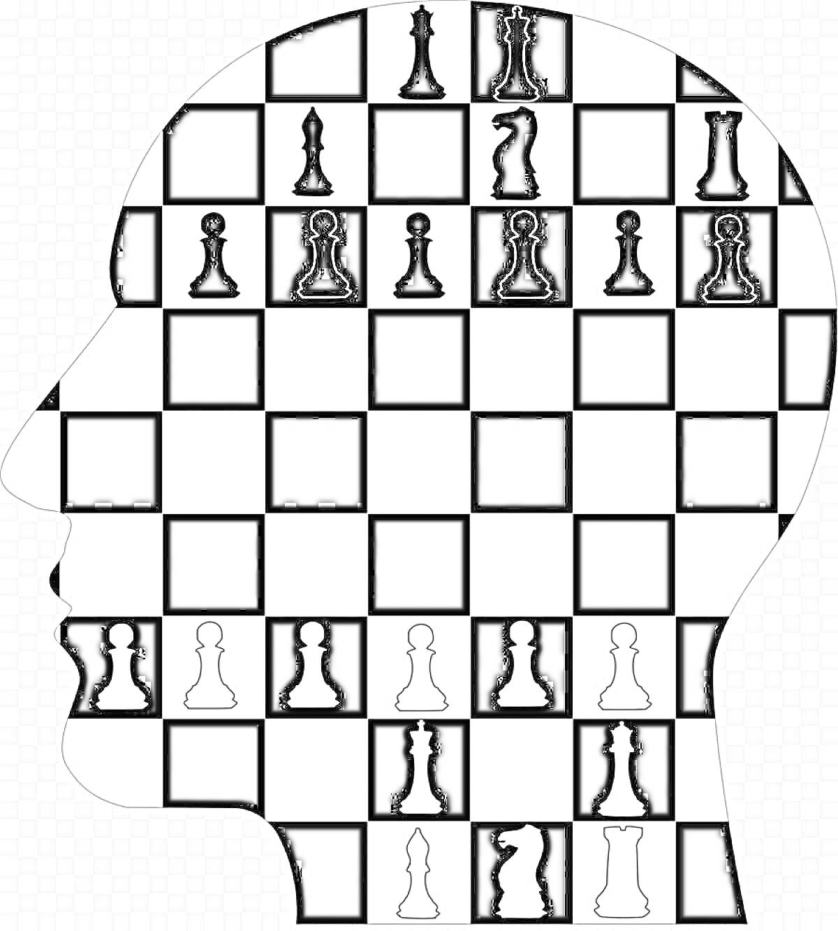 Раскраска Шахматная доска в форме головы, черные и белые шахматные фигуры