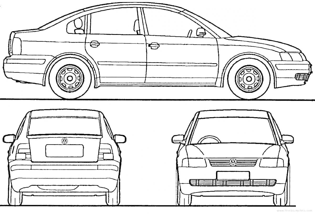 Раскраска Седан с видами сбоку, сзади и спереди
