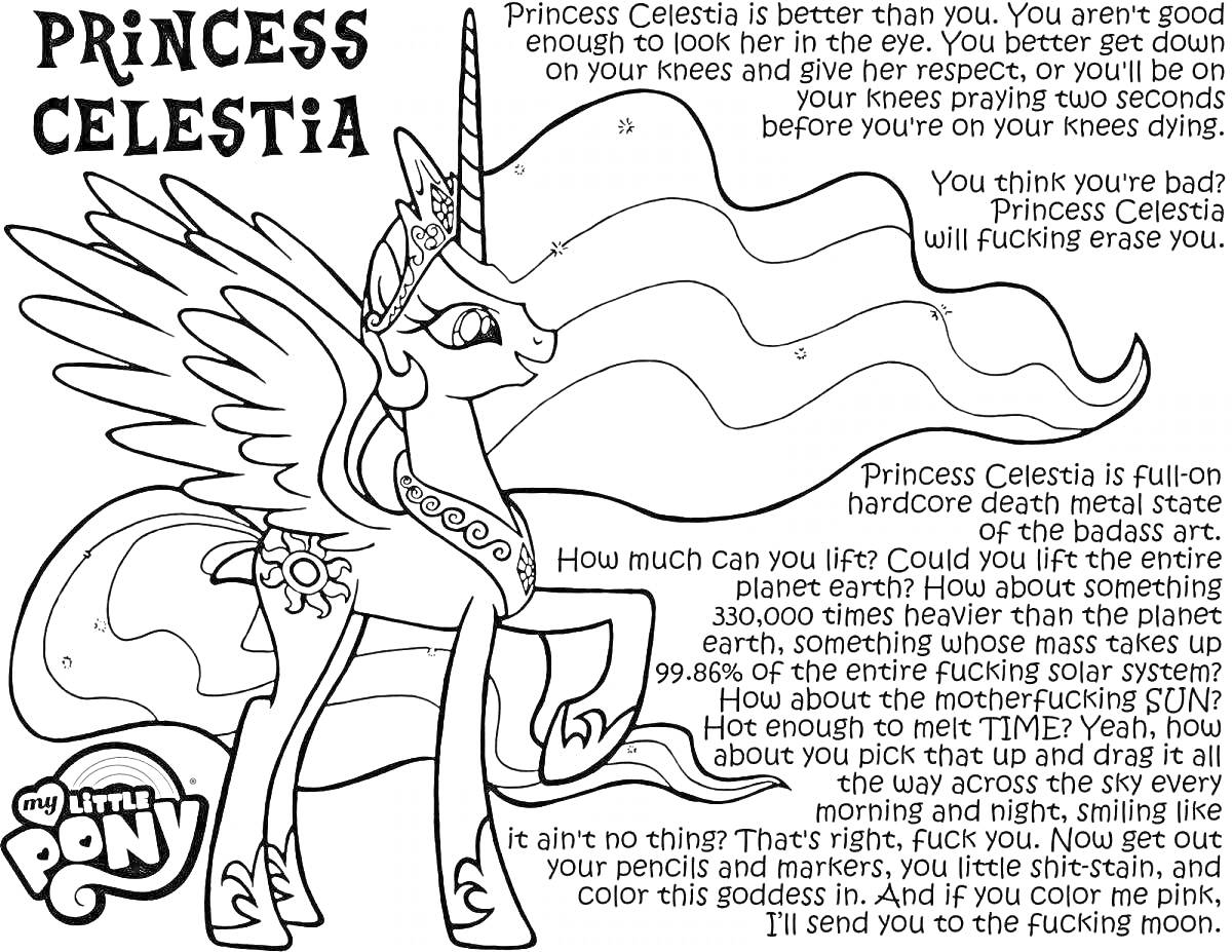 На раскраске изображено: Принцесса Селестия, My Little Pony, Крылья, Корона, Текст