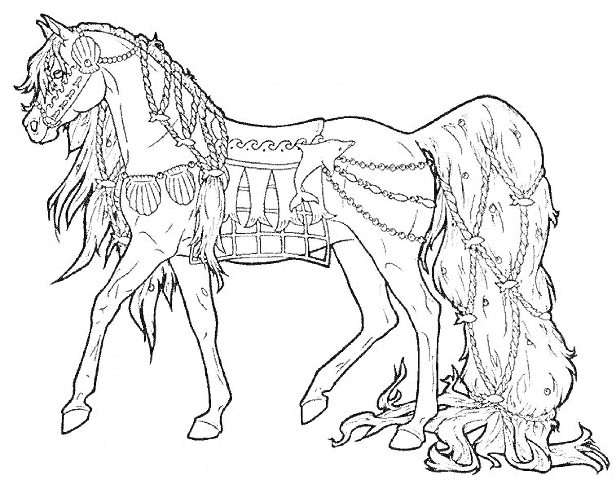 Лошадь в украшениях, с декоративной сбруей и плетёной гривой. Хвост украшен лентами.