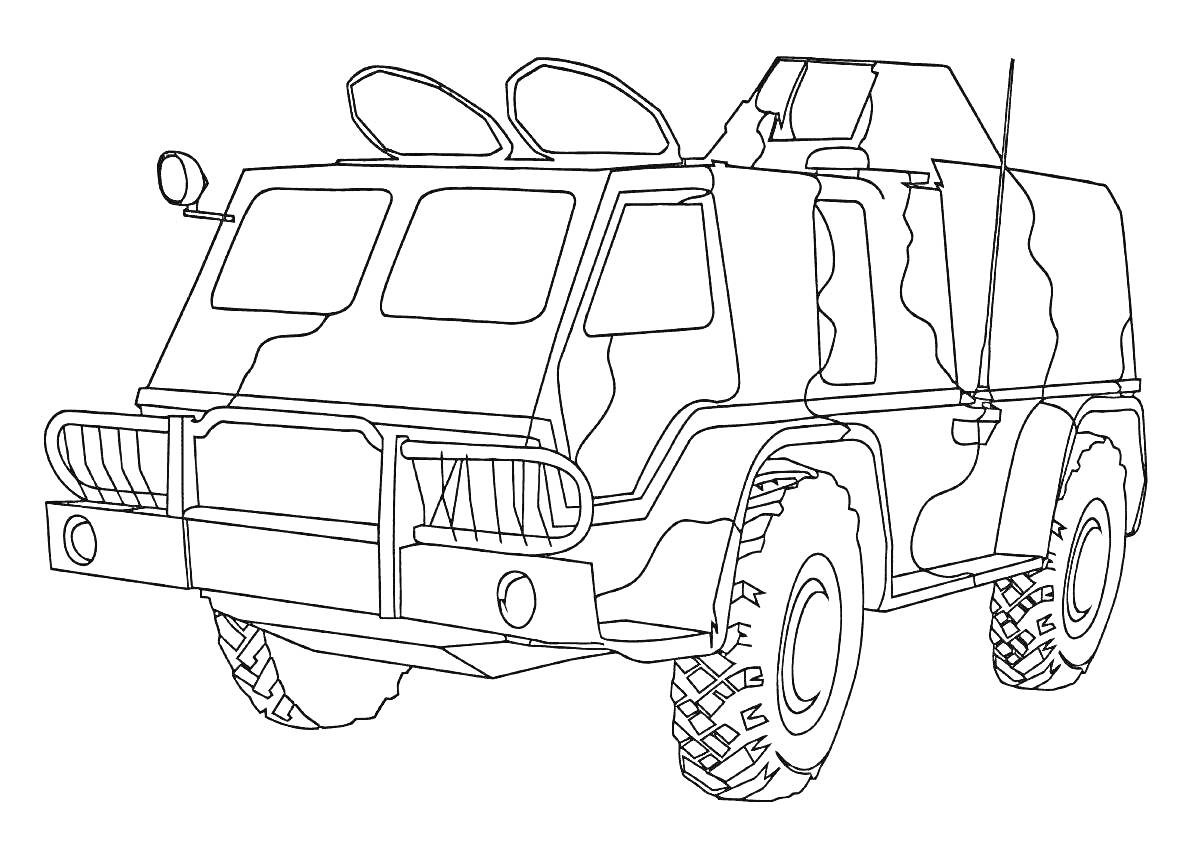 Раскраска военная бронированная машина с большими колесами, антеннами, боковыми дверями и передним бампером