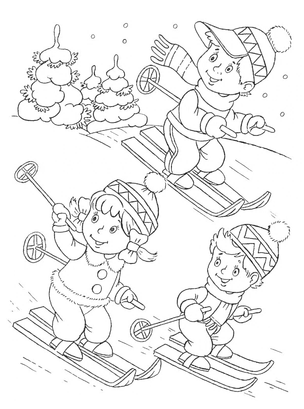 Раскраска Дети на лыжах на зимней прогулке с елками на фоне