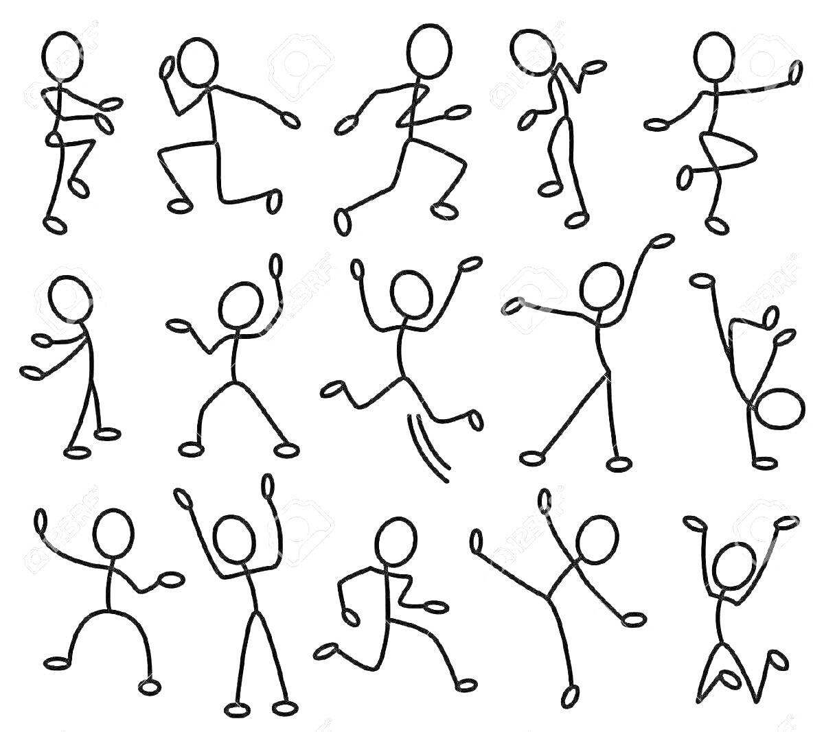 Раскраска Стикманы в различных позах - бег, прыжок, танец, радость, падение