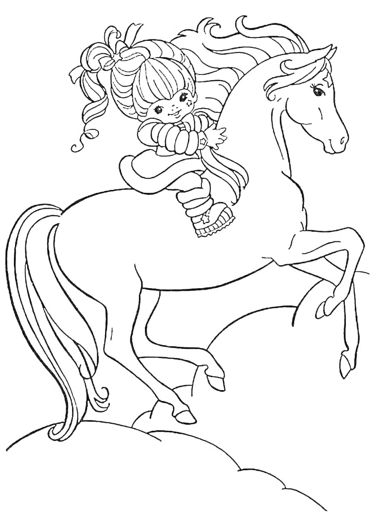 На раскраске изображено: Девочка, Скачки, Волосы, Лошадь, Всадник