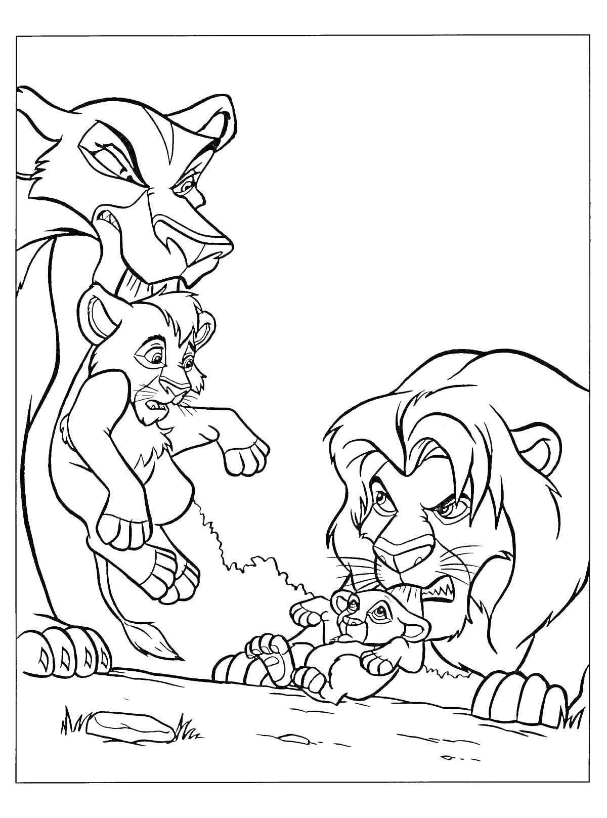 На раскраске изображено: Король лев, Лев, Животные, Саванна
