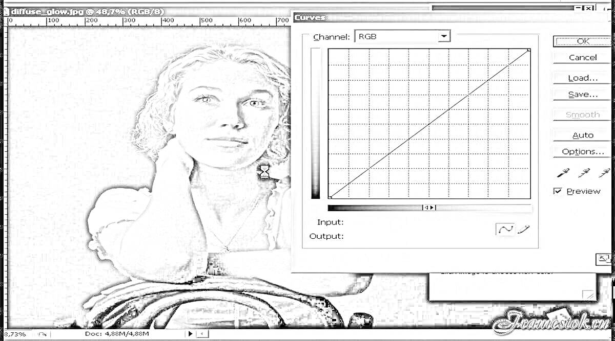 Раскраска Женщина с короткими волосами в черной футболке сидит, подперев голову рукой, перед серым фоном; окно редактирования графического редактора с настройкой цветовых кривых RGB выведено на передний план