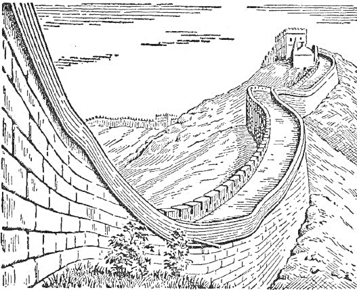 На раскраске изображено: Великая Китайская стена, Холмы, Архитектура, Китай, Пейзаж