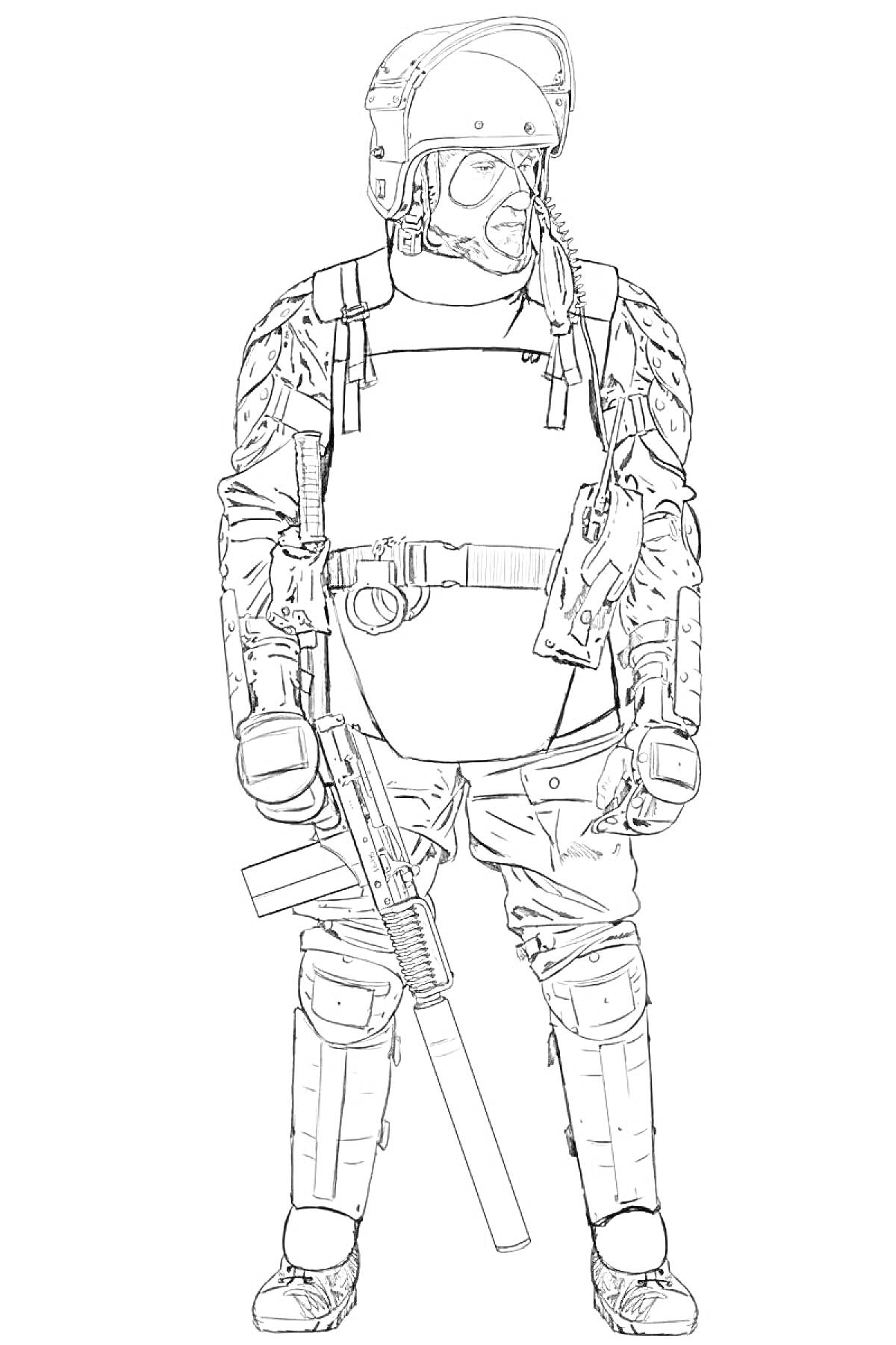 Раскраска Спецназовец в экипировке с автоматом