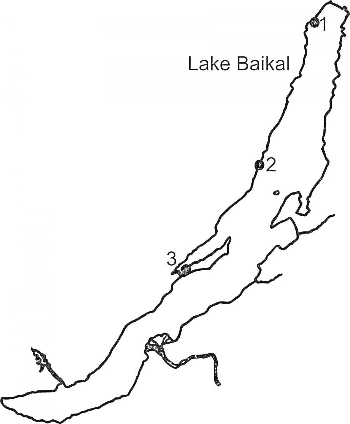 Раскраска Схематическая карта озера Байкал с отмеченными точками 1, 2 и 3