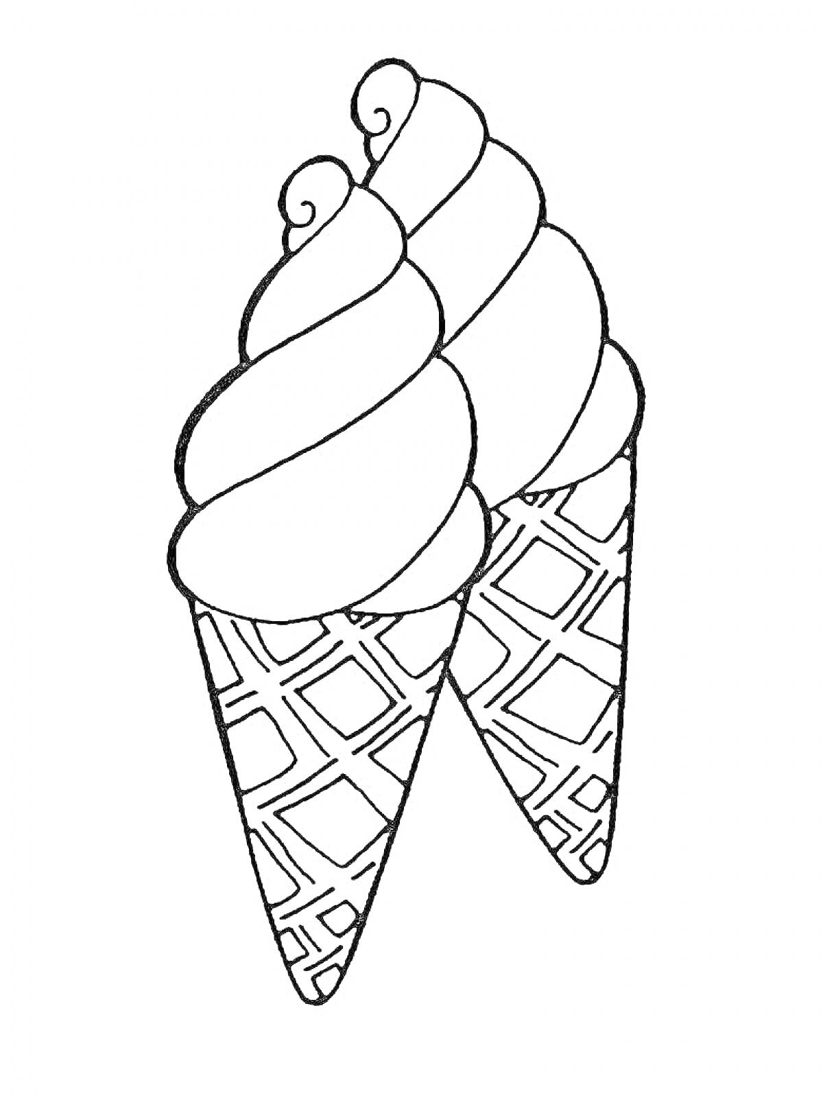 Раскраска Два вафельных рожка с мягким мороженым