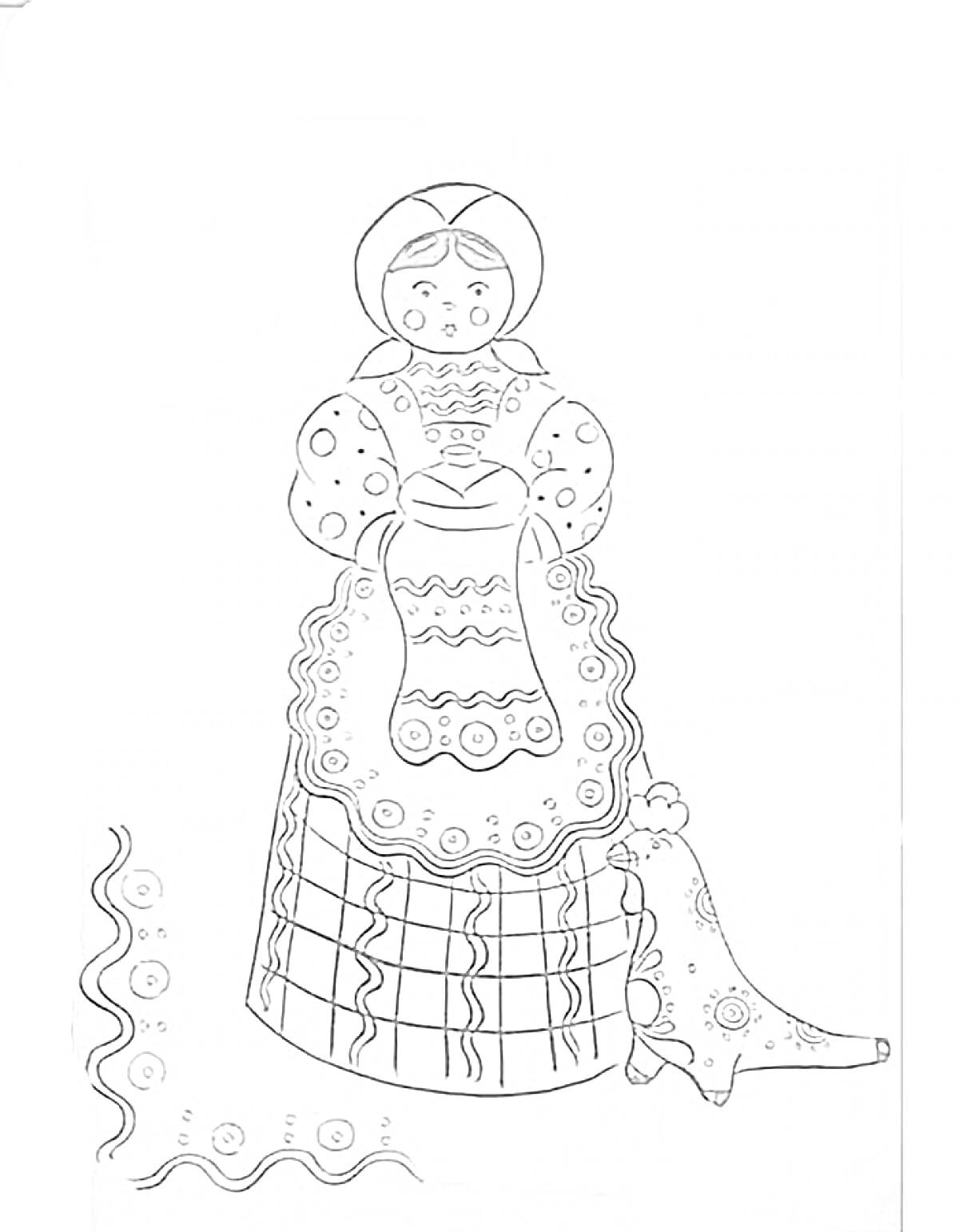 Раскраска Дымковская барышня с кувшином на широкой юбке с узорами