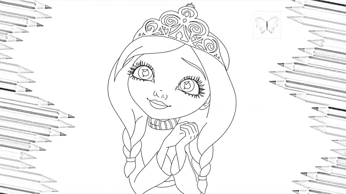 Раскраска Девочка с косами и короной, большими глазами, в платье, с трогательным выражением лица
