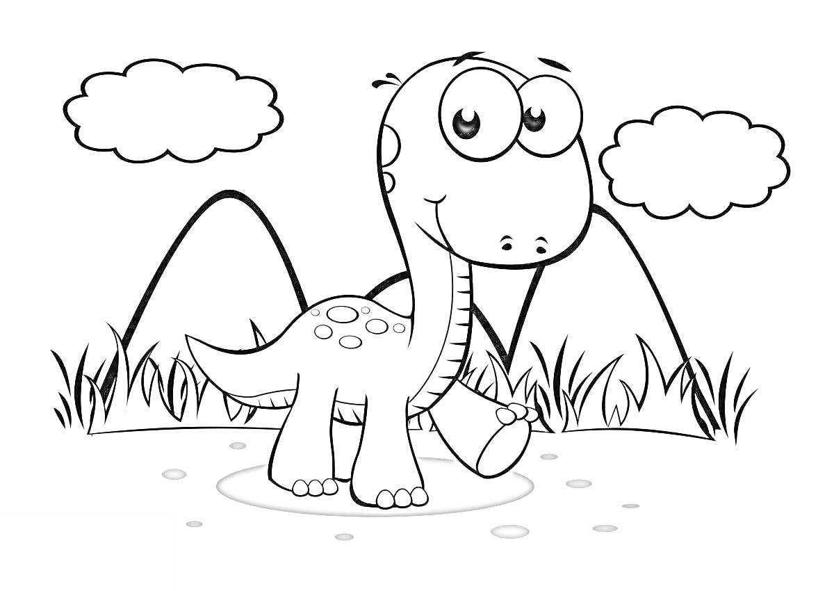 Раскраска Динозавр на фоне гор с облаками
