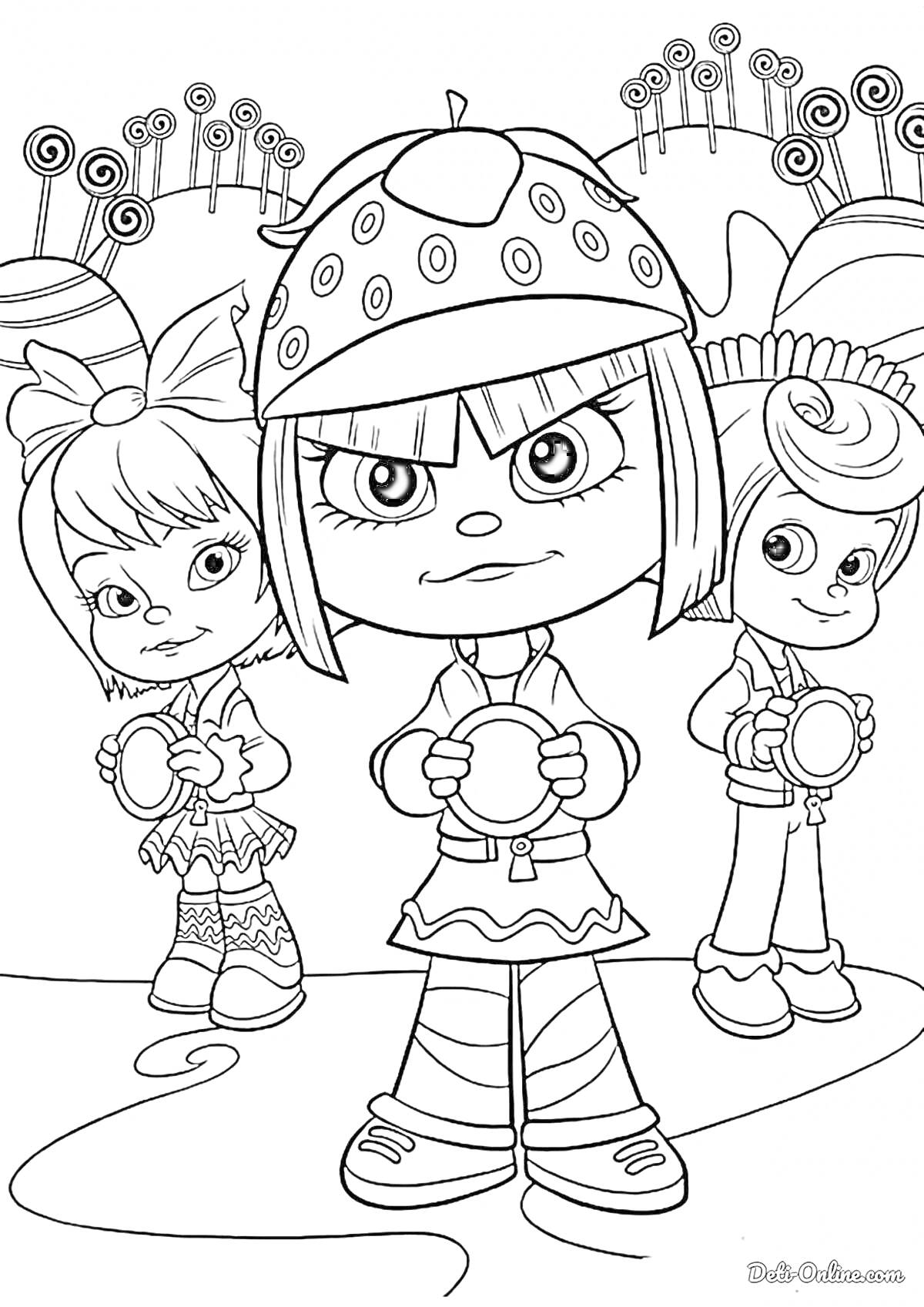 Раскраска Три мультяшные девочки с лепестковыми аксессуарами на головах, стоящие на заднем плане с волнистыми деревьями