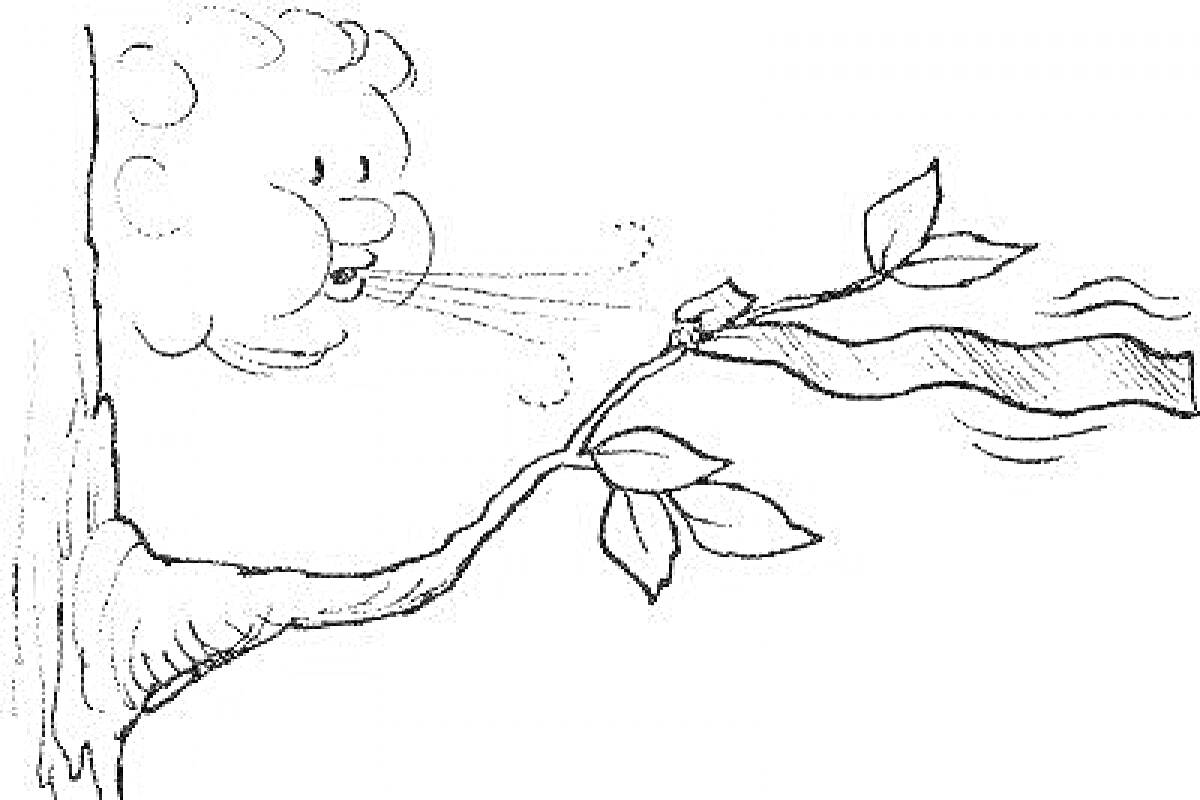 Раскраска Облако дует на дерево и развевающуюся ленточку