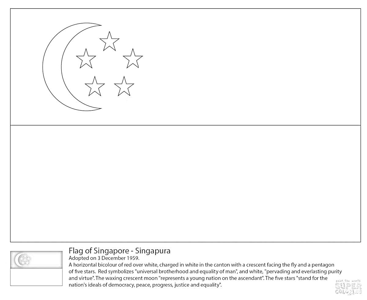 Раскраска Раскраска - флаг Сингапура, полумесяц, пять звезд